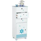 Commode pour enfants, design maritime, 3 tiroirs et 1 placard, étagère chambre, HLP 105x42x30 cm, blanc-bleu - Relaxdays