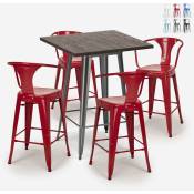 Ensemble table haute bois 60x60cm 4 tabourets Lix industriel métal bruck Couleur: Rouge