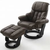 Fauteuil relax CLAIRAC assise en cuir marron pied en bois noir avec repose pied - marron