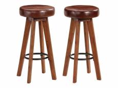 Lot de deux tabourets de bar design chaise siège bois d'acacia cuir véritable helloshop26 1202112