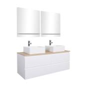 Meuble double vasque 120cm avec plan bois Blanc+vasque+robinet+miroir