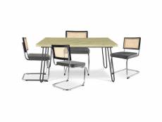 Pack table à manger design industriel 120cm & 4 chaises de salle à manger en rotin - tapisserie en velours - hyre gris foncé