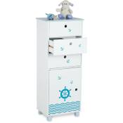 Relaxdays - Commode pour enfants, design maritime, 3 tiroirs et 1 placard, étagère chambre, HLP 105x42x30 cm, blanc-bleu