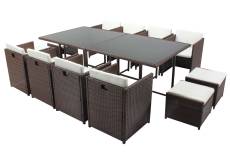 Table et chaises 12 places encastrables résine marron/blanc