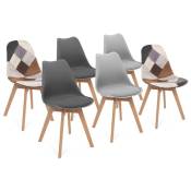 Idmarket - Lot de 6 chaises scandinaves sara gris foncé x2, gris clair x2 et patchworks marron x2 - Multicolore