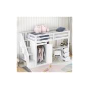 Lit mezzanine avec escalier de rangement + bureau + tiroirs + armoire + sommier à lattes - 90x200cm - cadre en pin - Blanc