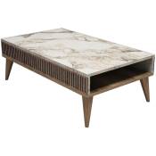 Table basse en bois noyer et blanc effet marbre avec rangement Roma 105cm