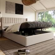 Lit coffre capotonné - lit double de rangement lit hydraulique avec sommier à lattes en bois + tête de lit structure en métal lit adulte en lin