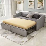 Lit gigogne 90/180x200cm, lit capitonné canapé-lit extensible avec sommiers à lattes, lit multifonctionnel en tissu velours style moderne - gris