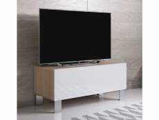 Meuble tv 1 porte | 100 x 42 x 40cm | pieds en aluminium | sonoma et blanc finition brillante | modèle luke h1 TVSD031SOWHPA-1BOX