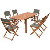 Salon de jardin savane extensible - Almeria - Table 120/180cm avec rallonge. 2 fauteuils et 4 chaises. en bois d'Eucalyptus huilé et textilène savane
