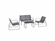Salon de jardin stylé table basse plateau en verre canapé fauteuils ensemble de 4 meubles extérieurs pour 4 personnes acier pvc polyester noir gris fo
