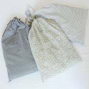 Decoclico Factory - Lot de 3 sacs à linge en coton imprimé blanc et fleuri, quadrillé, vichy Romy 36 - Beige
