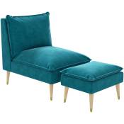 Fauteuil design scandinave grand confort - repose-pied inclus - piètement effilé incliné bois hévéa velours turquoise - Bleu