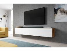 FURNIX meuble tv/ meuble tv suspendu Bargo 180 x 32 x 34 cm style contemporain chêne wotan mat/ blanc brillant avec LED