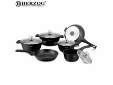 Herzog hr-st16m: batterie de cuisine moulée sous pression de 16 pièces noire