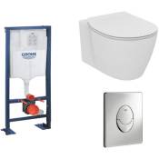 Ideal Standard - Pack wc suspendu compact Connect space + abattant + plaque blanc alpin + bati Grohe - Blanc