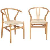 Lot de deux chaises vintage naturelles en bois d'hévéa avec assise en cordes et dossier arrondi - Naturel
