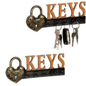 Relaxdays - Panneau à clés, lot de 2, 5 crochets, Cadenas & écriture Keys, fonte de fer, vintage, hlp 10x26x3 cm, orange/noir