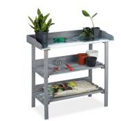 Relaxdays - Table à plantes, plaque métallique, Table de dépotage avec rangements, bois, jardin, 86 x 92 x 41 cm, gris
