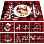 Sets de Table de Noël Style Aléatoire, Lot de 6 Sets de Table pour Tables à Manger, 12 × 18 Pouces Linge à Carreaux Rouge Noir Lavable, Décoration de