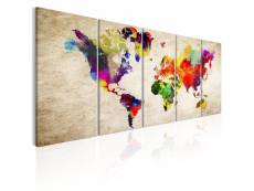 Tableau sur toile en 5 panneaux décoration murale image imprimée cadre en bois à suspendre carte du monde : monde peint 225x90 cm 11_0004601