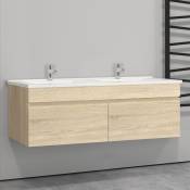 Aica Sanitaire - 120(L)x45(W)x40(H)cm Meuble salle de bain natural avec 2 portes à une fermeture amortie avec 2 vasques à suspendre