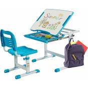 Bureau Enfant à Hauteur Réglable Inclinable 0-45°, Ensemble Table et Chaise avec Plateau, 1 Tiroir et Crochet en Métal Bleu - Costway