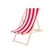 Chaise longue pliante en bois avec tissu rouge et blanc.