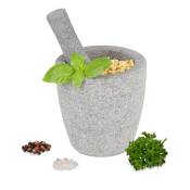 Mortier avec pilon, en granite, ustensile rond, pour épices et herbes, lourd, h x d : 12 x 12 cm, gris - Relaxdays