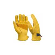 Paire de gants de travail en cuir - Pour hommes - Avec serrage de poignet à balle et ruban adhésif - En fibre de peau de vache, jaune