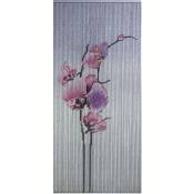Rideau de porte Bâtonnets de bambou peints, dessin branches d'orchidée rose sur fond blanc - 90 x 200 cm Morel