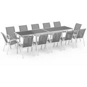 Salon de jardin MADRID table extensible 135-270 CM et 12 chaises empilables blanc et gris - Blanc