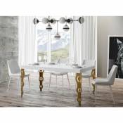 Table rectangulaire extensible orientale 6 à 18 personnes l 130 à 390 cm blanc brillant et pieds métal doré Kazay