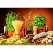 Tableau cuisine nourriture italienne | Tableau coloré vert & rouge pâtes & plantes aromatiques | Tableau sur toile moderne 0,7 x 0,5 m