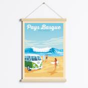 Affiche Pays Basque - Surf + Cadre Magnétique (Bois) 50x70 cm