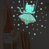 Ambiance-sticker - Sticker phosphorescent lumineux - chat danseuse - Autocollant mural plafond enfant fluorescent - 50x40cm - multicolore