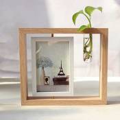 Cadre photo rotatif double face en bois, 20,4x 27 cm, cadre photo créatif avec vase de plantes, pour famille, bureau, studio photo (couleur bois, 6'')