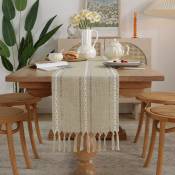 Chemin de table en lin rustique avec pompon fait à la main, style ferme, 160cm de long, pour décoration de fête et de salle à manger, 160x33cm
