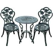 Ensemble salon de jardin 2 places 2 chaises + table ronde style néo-rétro motif rose lignes fuselées fonte d'aluminium vert vieilli - Vert