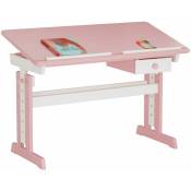 Bureau enfant écolier junior flexi table à dessin réglable en hauteur et pupitre inclinable avec 1 tiroir en pin lasuré blanc rose - Blanc/Rose