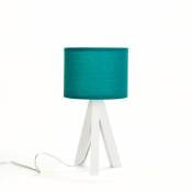 Licht-erlebnisse - Lampe de table sur trépied en bois blanc au design scandinave avec abat-jour en tissu bleu pétrole E14 - Blanc, Essence - Blanc,