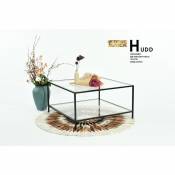 Table basse salon carré transparent scandinave en verre et en métal noir