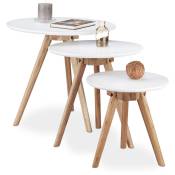 Table d'appoint bois de noyer lot de 3 table basse 50, 40 et 32 cm bout de canapé table console plateau blanc design nordique, blanc nature