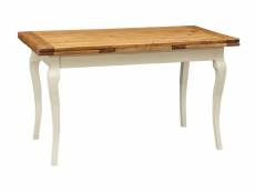 Table de style country en bois massif de tilleul châssis blanche vieillie sur surface finition naturelle