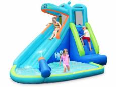 Costway château gonflable en motif hippopotame avec toboggan aquatique,mur d’escalade et piscine,aire de jeu pour 3 enfants de 3 à 10 ans,jusqu’à 90 k