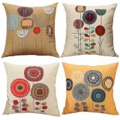 Crea - Cushion Cover, Set Of 4 Cartoon Flowers Pattern Cotton And Linen Pillowcase