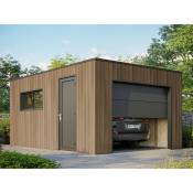 Garage Bois Composite silverstone - Bardage Couleur Teck / Teak - Surface : 20m² - Porte Sectionnelle Motorisée - 2 télécommandes - Double Vitrage
