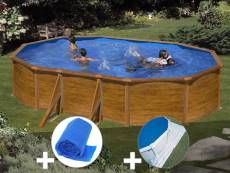 Kit piscine acier aspect bois gré sicilia ovale 5,27 x 3,27 x 1,22 m + bâche à bulles + tapis de sol