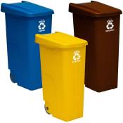 Pack de recyclage Wellhome Container i Recycle 110 litres fermé chacun : 330 litres au total, dans 3 conteneurs, dans les couleurs bleu / jaune / marr
